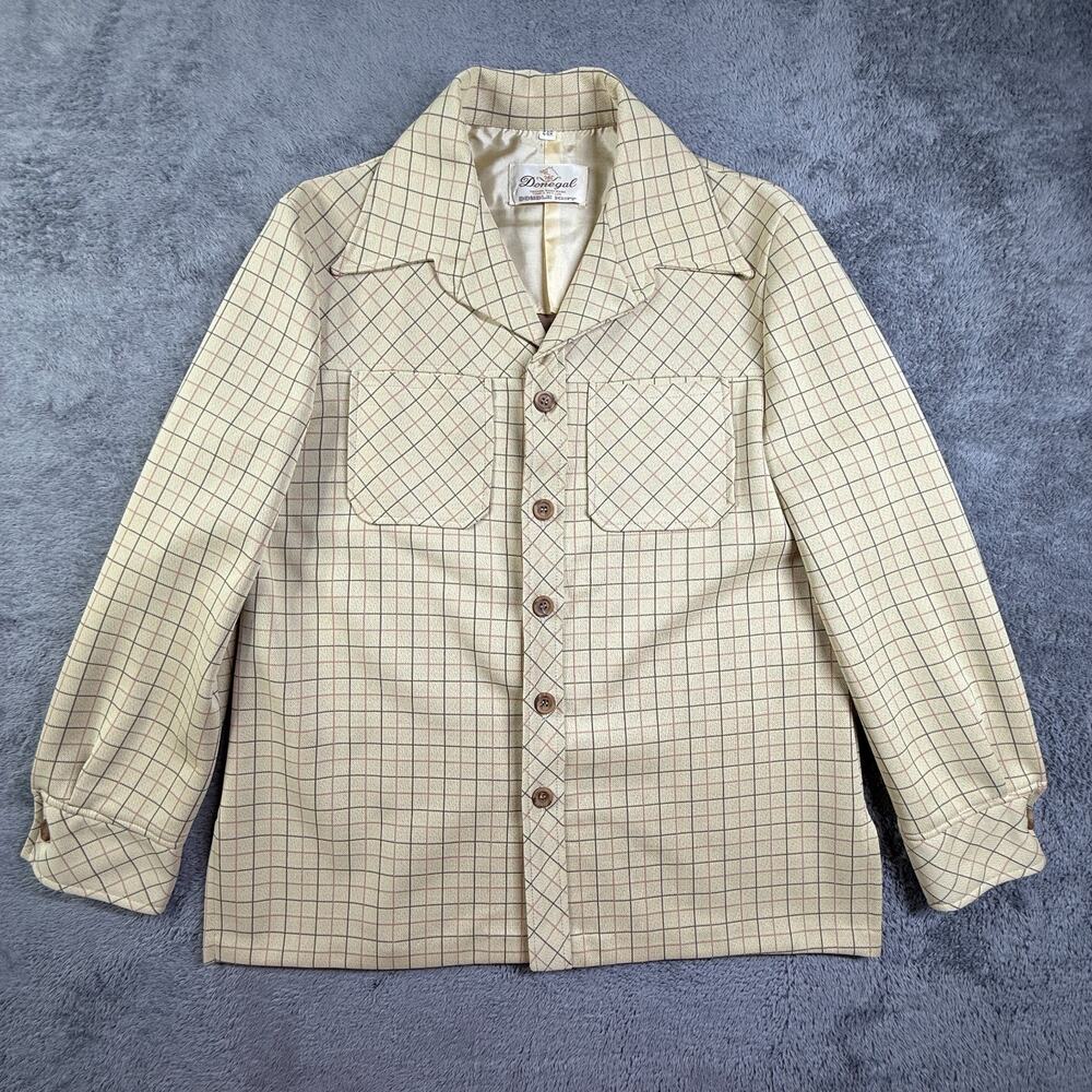 Vintage 70s Donegal Double Knit Leisure Western Jacket Windowpane Polyester 44R